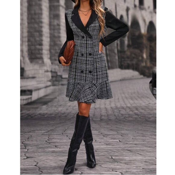 Plaid Double Breasted Ruffle Hem Dress Black - Picture 2 of 8